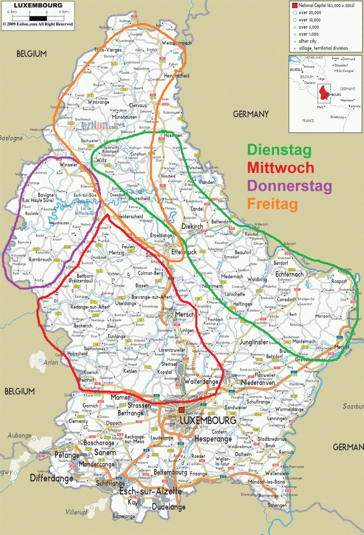 Karte von Luxemburg mit den vier Zonen der Haus-zu-Haus Tour von Beim Burg: der Osten am Dienstag (grün), Mitte und Westen am Mittwoch (rot), der Nordwesten am Donnerstag (violett) und der Norden am Freitag (orange)